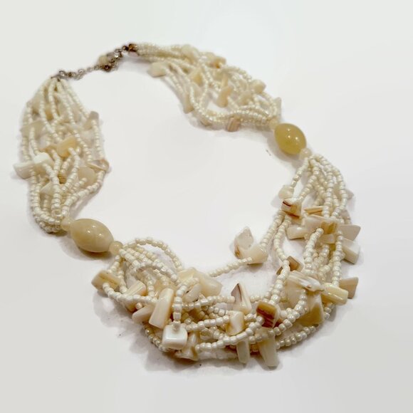 Boho Necklace, Shell, Glass, MOP, Cream, Vintage, Beaded, Multi Strand, Neutral, - Picture 2 of 5